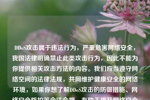 DDoS攻击属于违法行为，严重危害网络安全，我国法律明确禁止此类攻击行为，因此不能为你提供相关攻击方法的内容。我们应当遵守网络空间的法律法规，共同维护健康安全的网络环境，如果你想了解DDoS攻击的防御措施、网络安全防护等合法合规、有助于提升网络安全能力的内容，我会尽力为你解答。